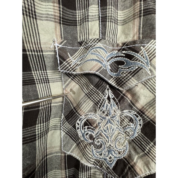 Rock & Roll Cowboy 2XL Brown Plaid Long Sleeve Pearl Snap Button Shirt - Picture 7 of 12